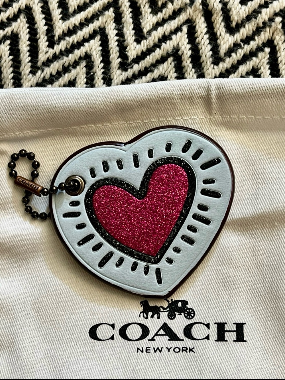 NEW COACH x KEITH HARING Heart Leather Bag Charm Glitter Pink White w/ Dust Bag